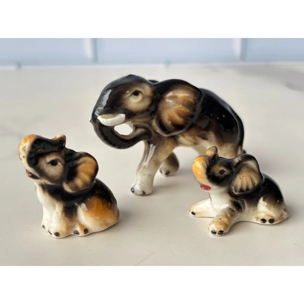 Vintage Miniature Bone China Elephant Family Figurines Set of 3 Brown Glazed